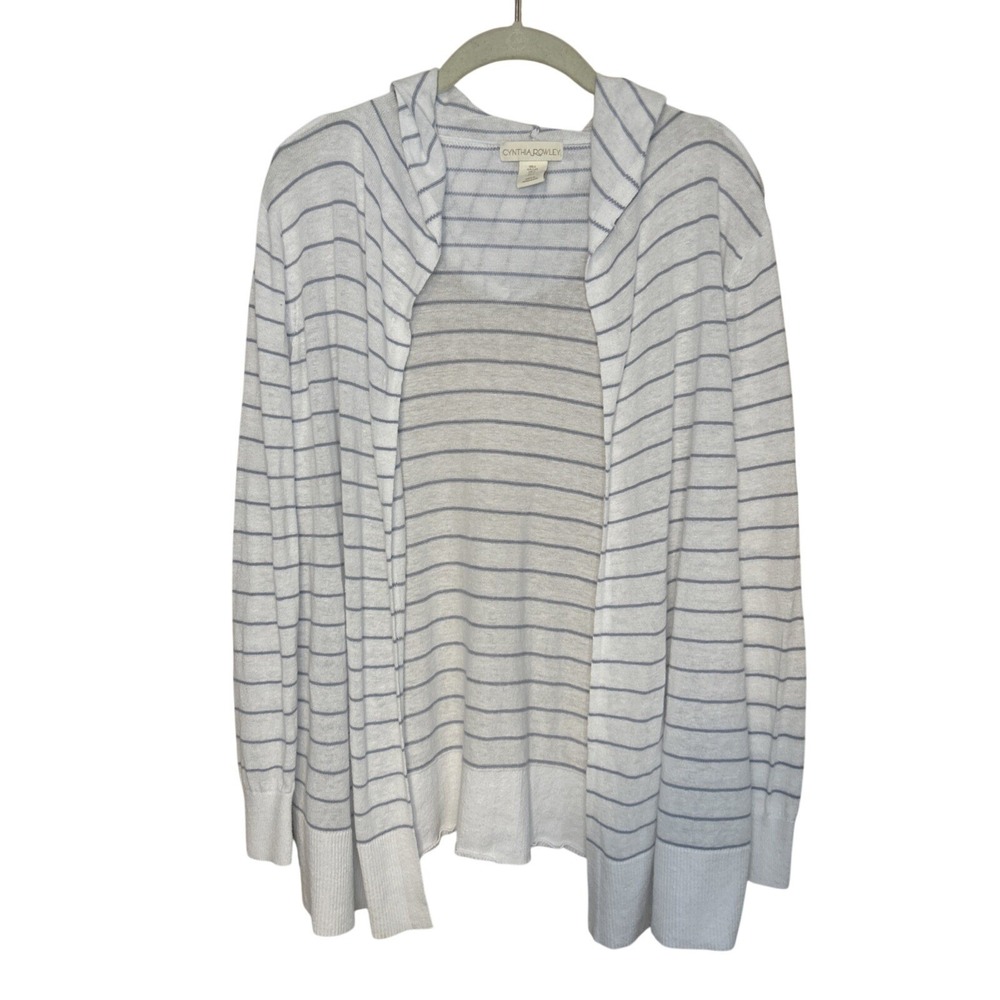 Cynthia Rowley Linen Blend Hooded Cardigan White Blue Stripe Nautical Size Large